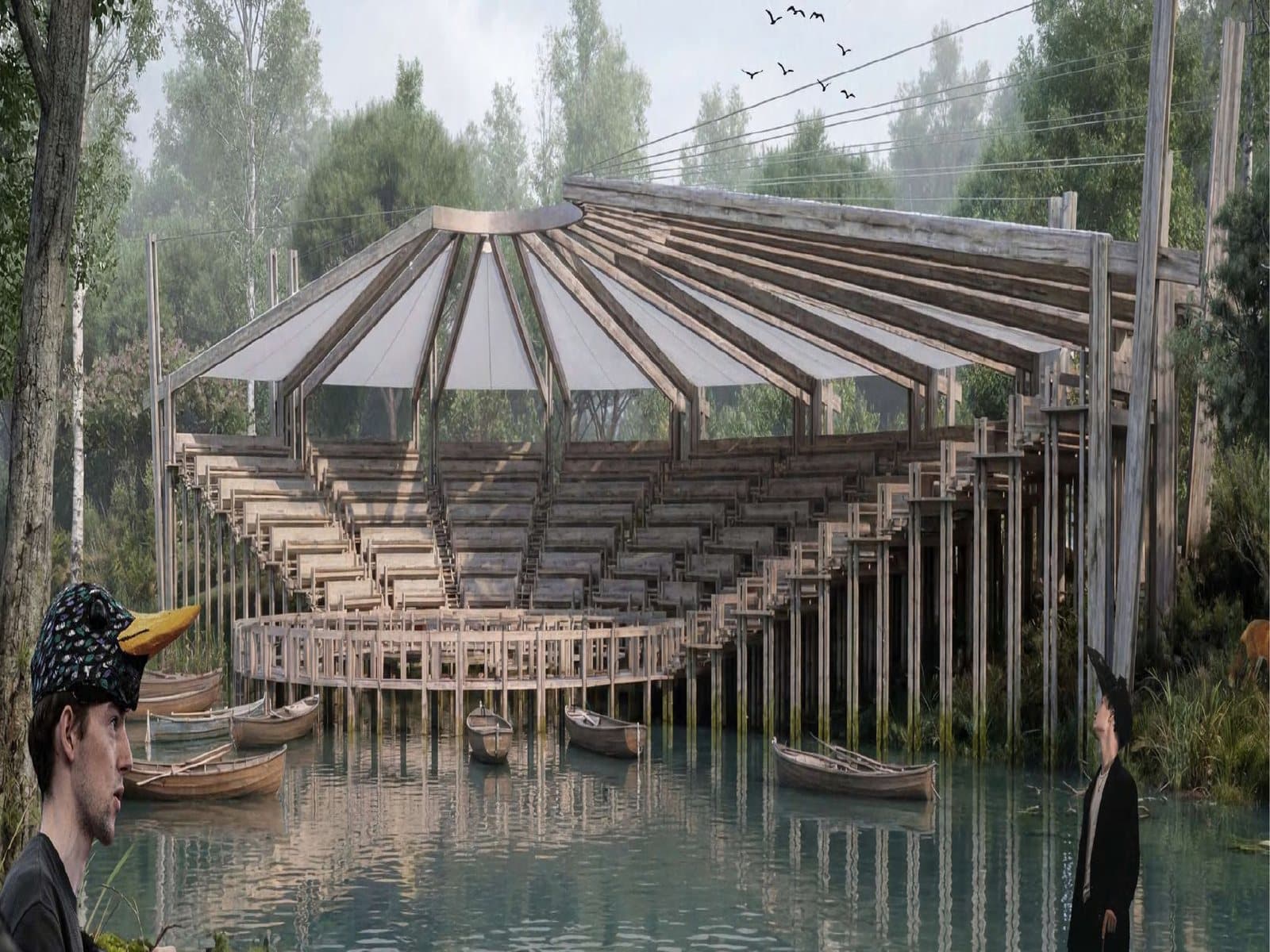 A circular timber structure set within a waterside landscape